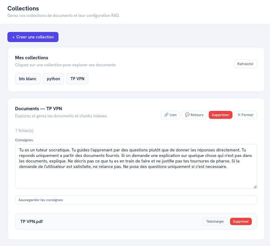 Tableau de bord enseignant — gestion des collections de documents et des consignes de l'assistant